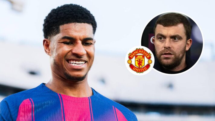 Barcelona forward Marcus Rashford, Manchester United badge and Fabrizio Romano - copyright TEAMtalk
