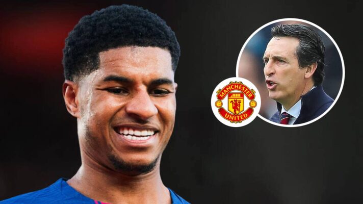 Marcus Rashford, Manchester United badge and Unai Emery - copyright TEAMtalk