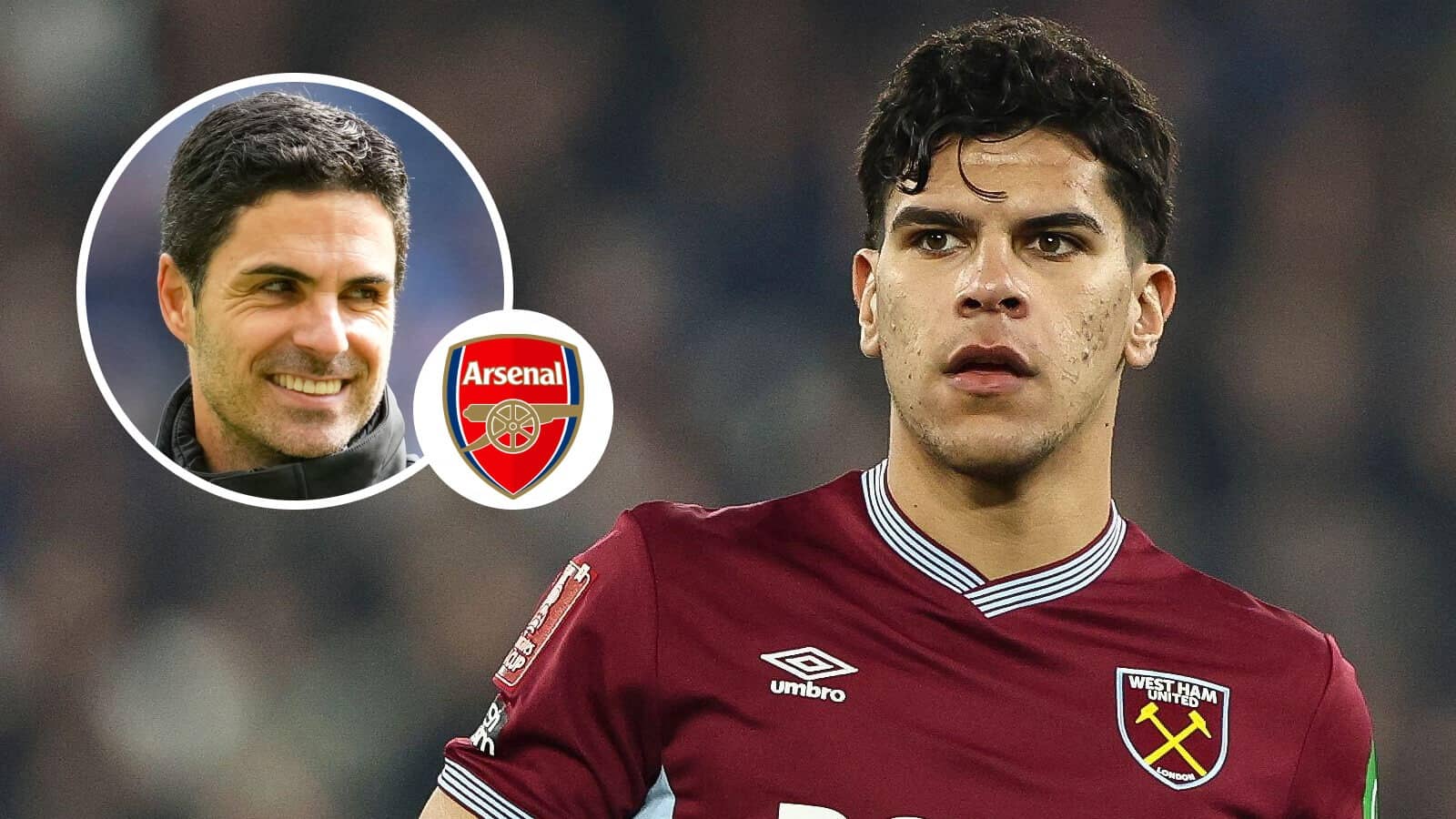 Mikel Arteta, Arsenal badge and West Ham United midfielder Mateus Fernandes - copyright TEAMtalk
