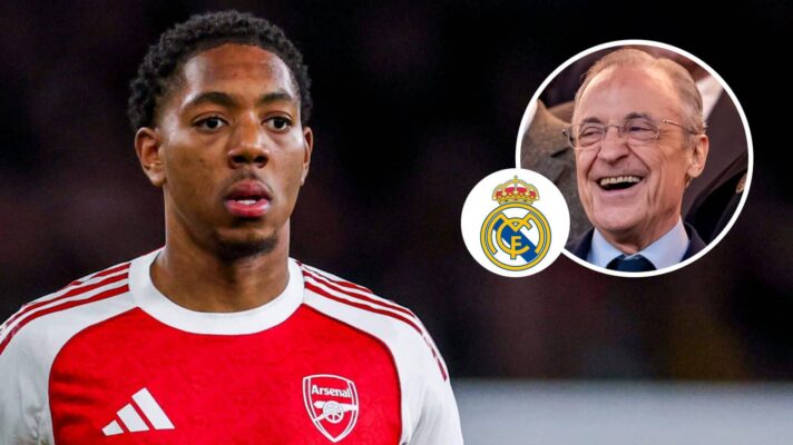 Arsenal left-back Myles Lewis-Skelly, Real Madrid badge and Real Madrid president Florentino Perez – copyright TEAMtalk
