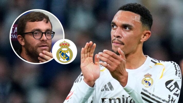 Fabrizio Romano, Real Madrid badge and Real Madrid right-back Trent Alexander-Arnold - copyright TEAMtalk