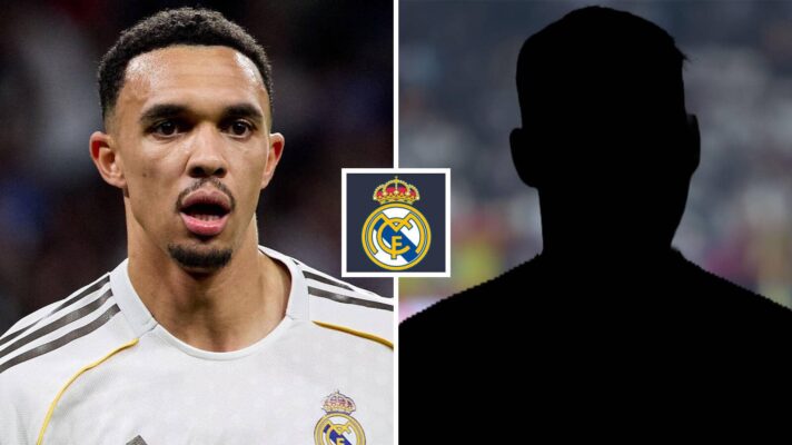 Split image of Real Madrid right-back Trent Alexander-Arnold and a shadow with the Real Madrid badge in between - copyright TEMtalk