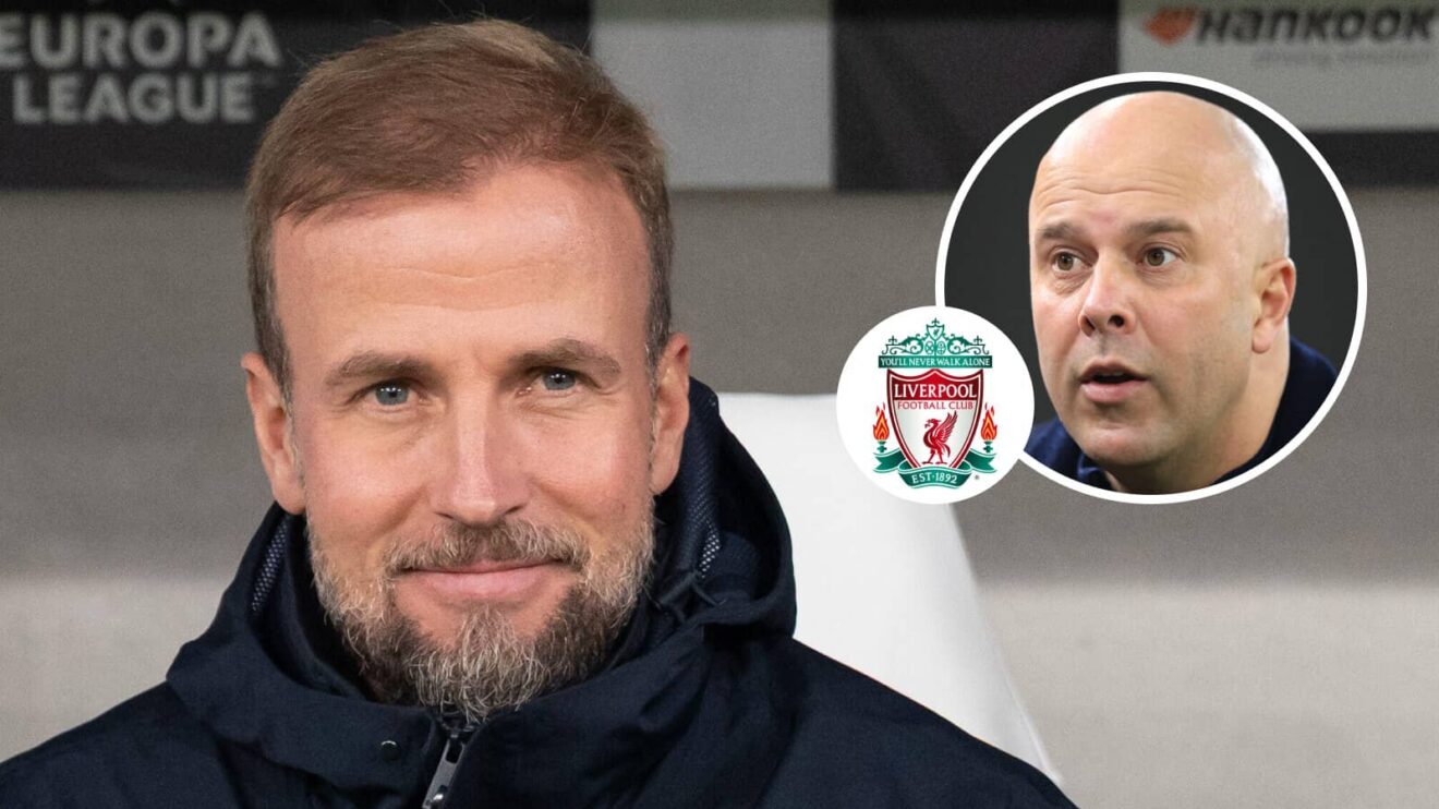 VfB Stuttgart boss Sebastian Hoeness and, inset, Liverpool manager Arne Slot next to the Liverpool badge