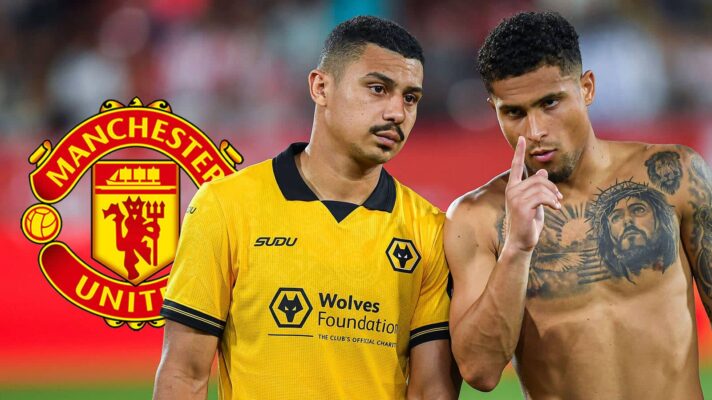 Wolves stars Andre and Joao Gomes next to the Manchester United badge