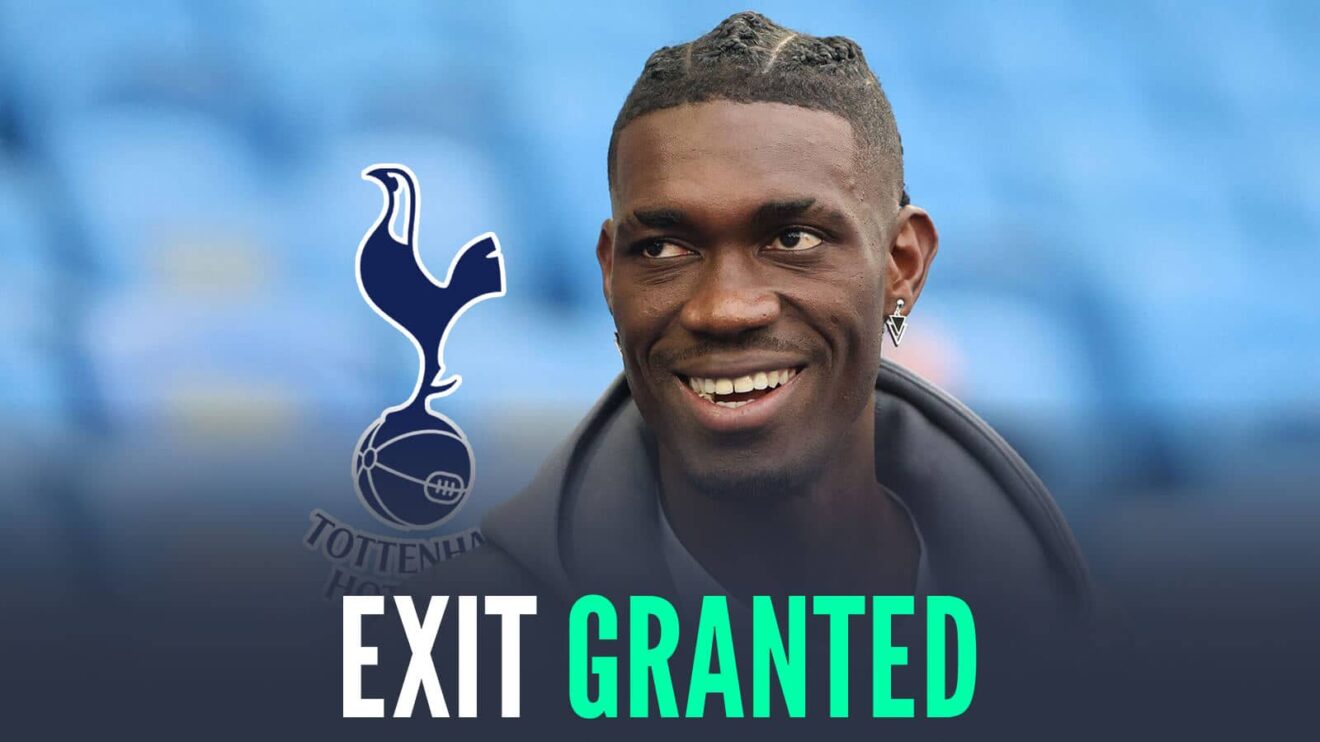 Yves Bissouma next to the Tottenham Hotspur badge and the words 'exit granted'