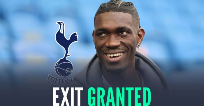 Yves Bissouma next to the Tottenham Hotspur badge and the words 'exit granted'