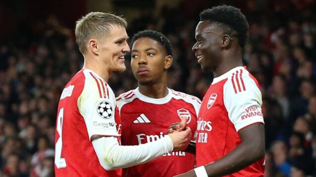 Arsenal trio Martin Odegaard, Myles Lewis-Skelly and Bukayo Saka