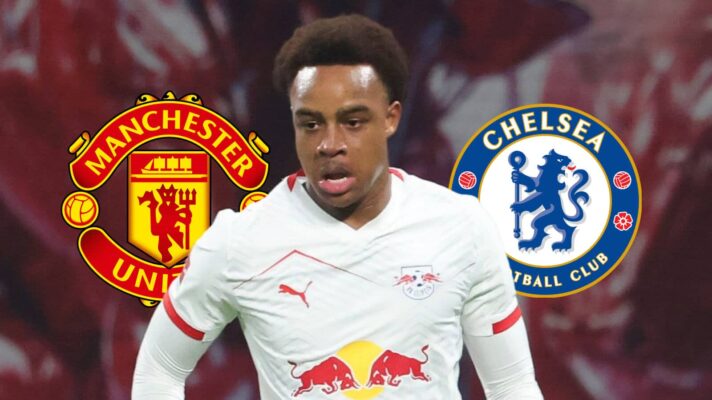 Assan Quédraogo RB Leipzig with Man Utd and Chelsea badges
