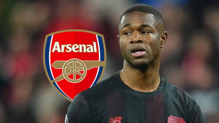 Christian Kofane with the Arsenal badge