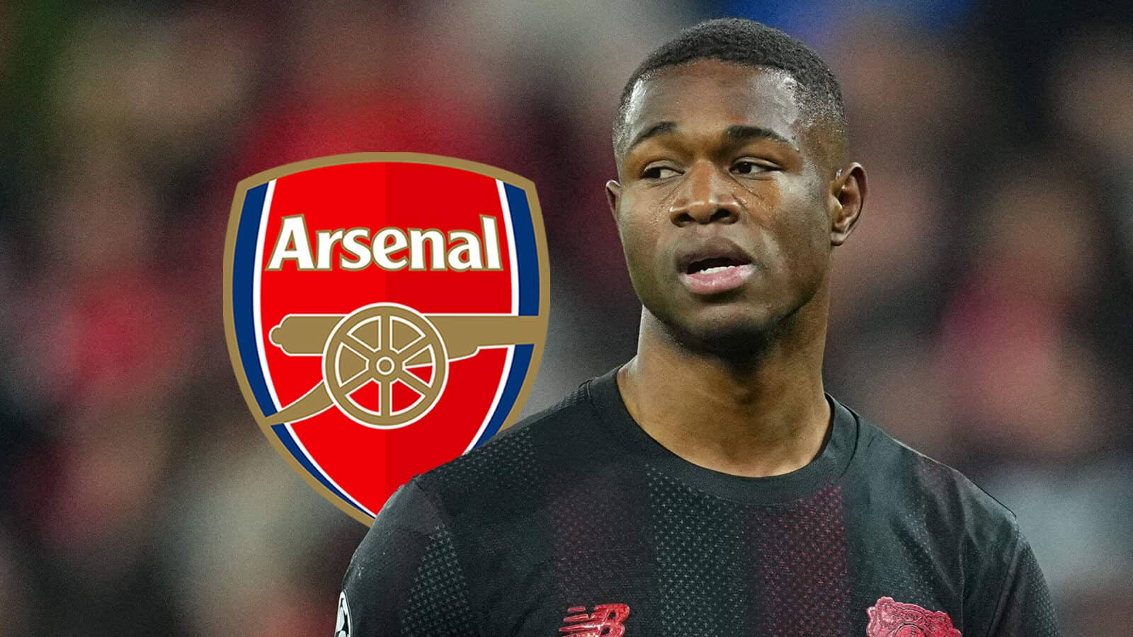 Christian Kofane with the Arsenal badge