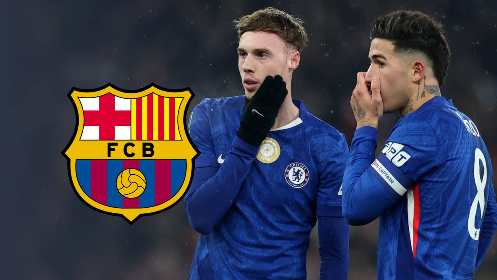 Cole Palmer, Enzo Fernandez with Barcelona badge