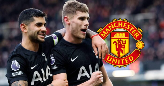 Cristian Romero, Micky van de Ven with Man Utd badge