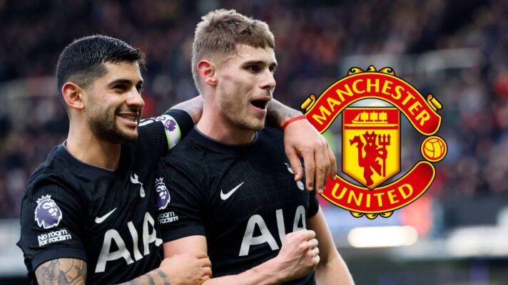 Cristian Romero, Micky van de Ven with Man Utd badge