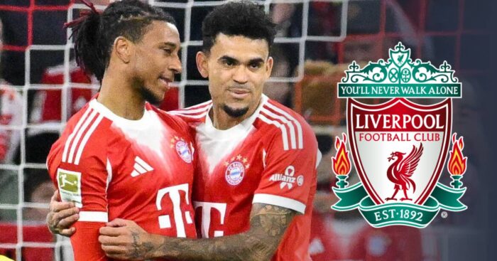 Michael Olise and Luis Diaz with Liverpool badge