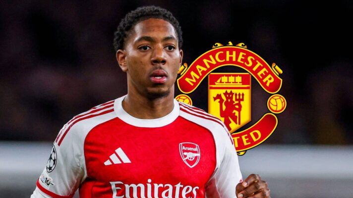 Arsenal's Myles Lewis-Skelly with Man Utd badge