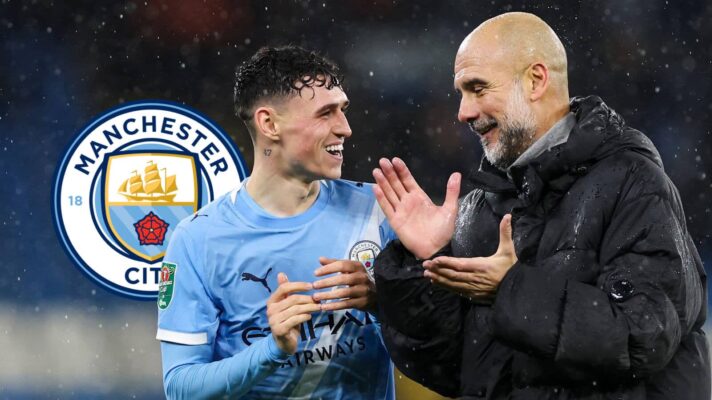 Phil Foden, Pep Guardiola with Man City badge