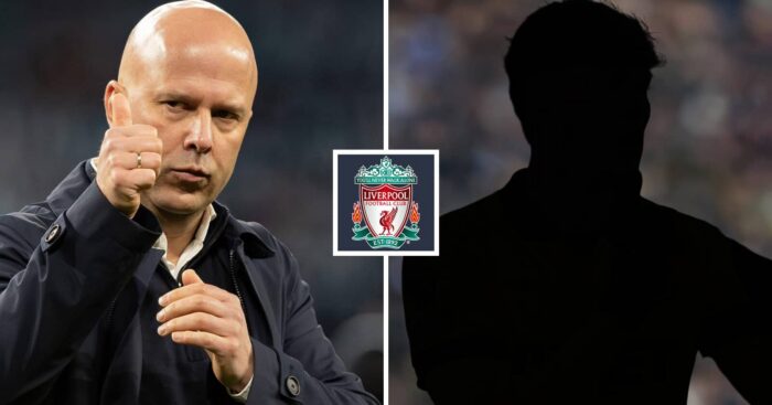 Split image of Liverpool manager Arne Slot and a shadow with the Liverpool badge in between - copyright TEAMtalk