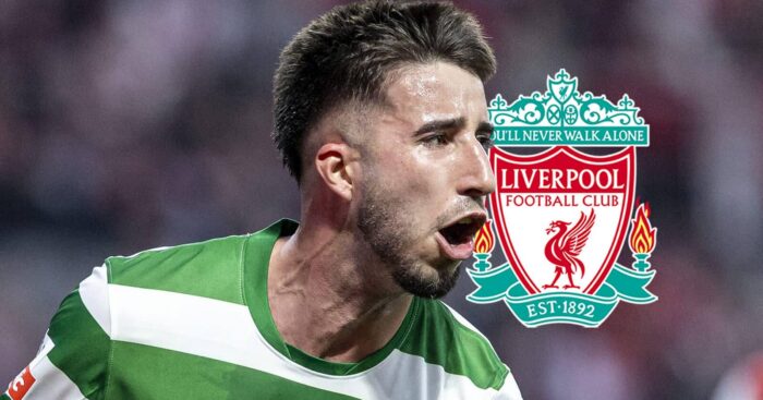 Sporting CP defender Goncalo Inacio next to the Liverpool badge - copyright TEAMtalk