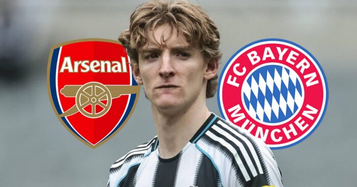 Arsenal badge, Newcastle United winger Anthony Gordon and Bayern Munich badge - copyright TEAMtalk