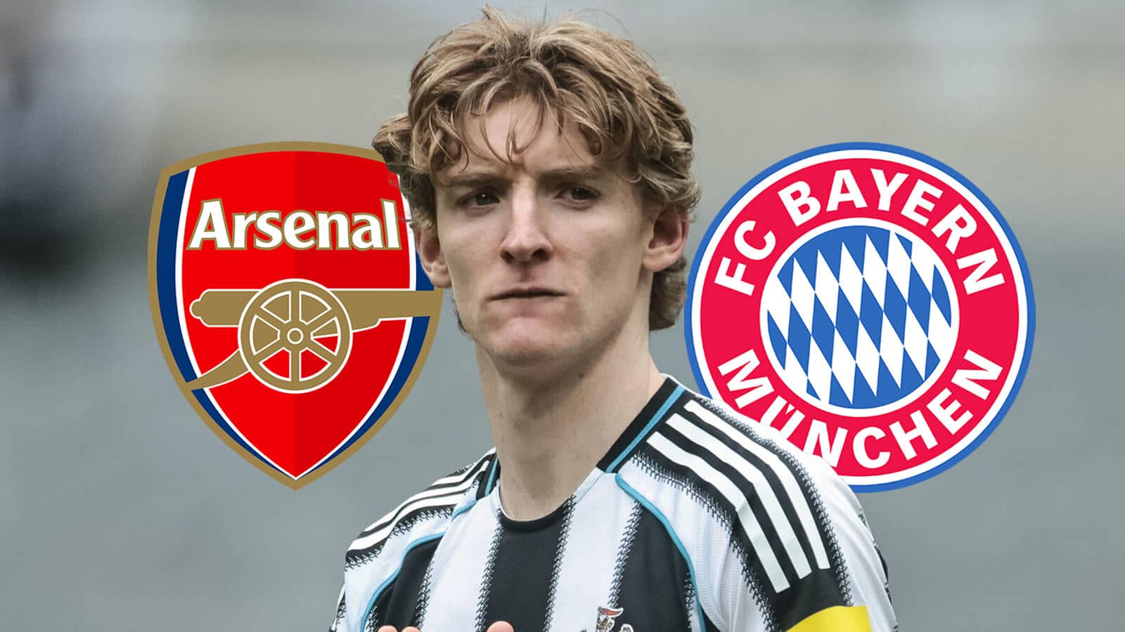 Arsenal badge, Newcastle United winger Anthony Gordon and Bayern Munich badge - copyright TEAMtalk