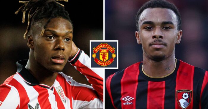 Nico Williams and Eli Junior Kroupi next to the Manchester United badge