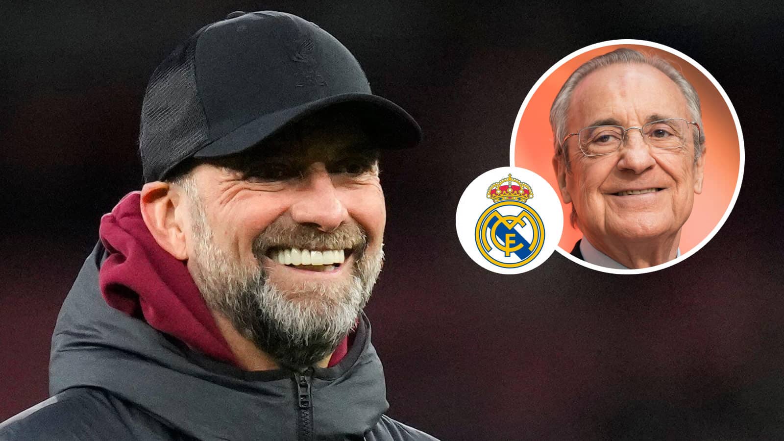 Real Madrid president Florentino Perez, inset, next to the club badge and former Liverpool boss Jurgen Klopp