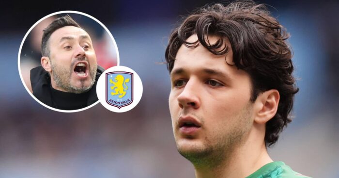 Man City star James Trafford, Tottenham manager Roberto de Zerbi and an Aston Villa badge