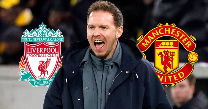 Germany boss Julian Nagelsmann next to the Liverpool and Manchester United badges