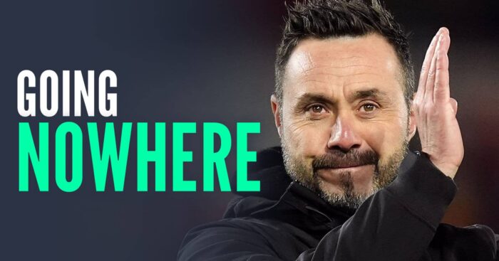 Tottenham manager Roberto de Zerbi, with caption: Going nowhere