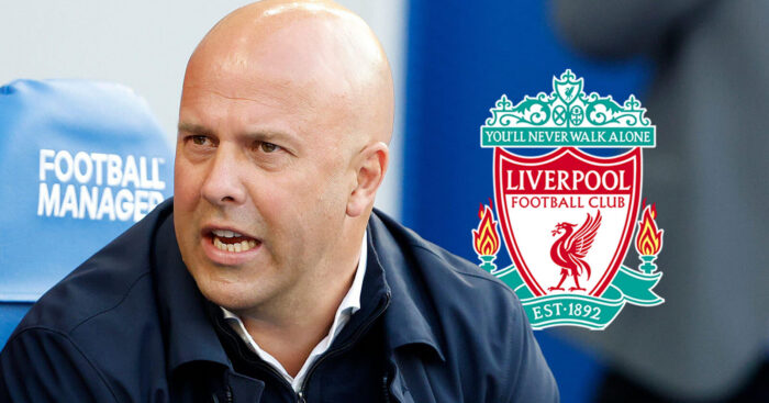 Liverpool manager Arne Slot next to the Liverpool FC badge