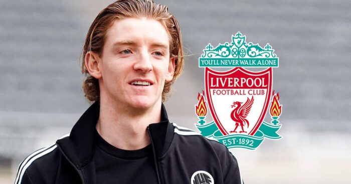 Newcastle star Anthony Gordon, with a Liverpool badge