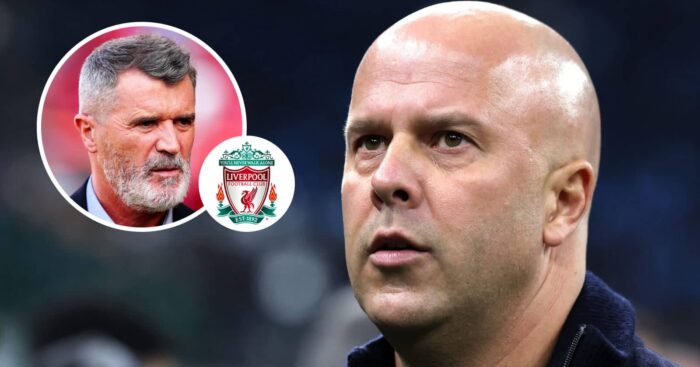 Liverpool manager Arne Slot and, inset, Roy Keane next to the Liverpool badge