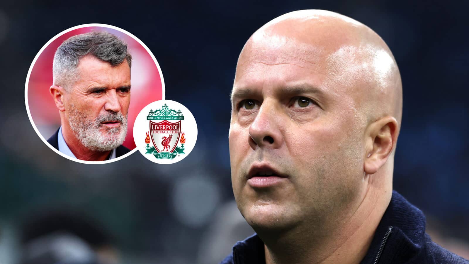 Liverpool manager Arne Slot and, inset, Roy Keane next to the Liverpool badge