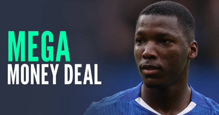 Chelsea midfielder Moises Caicedo next to the words 'mega money deal'