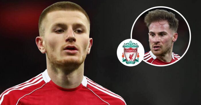 Crystal Palace star Adam Wharton with a Liverpool shirt Photoshopped on him and inset, current star Alexis Mac Allister