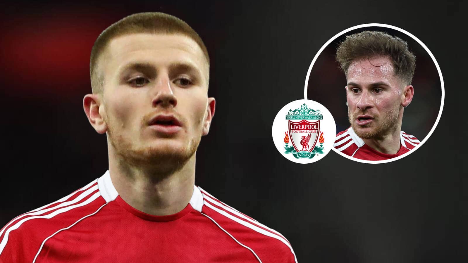 Crystal Palace star Adam Wharton with a Liverpool shirt Photoshopped on him and inset, current star Alexis Mac Allister