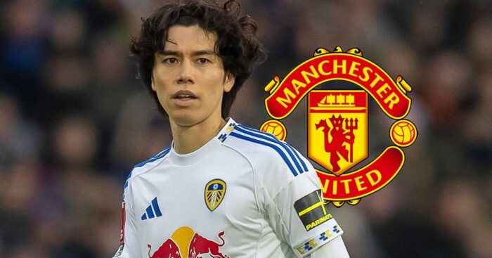 Leeds star Ao Tanaka next to the Manchester United badge