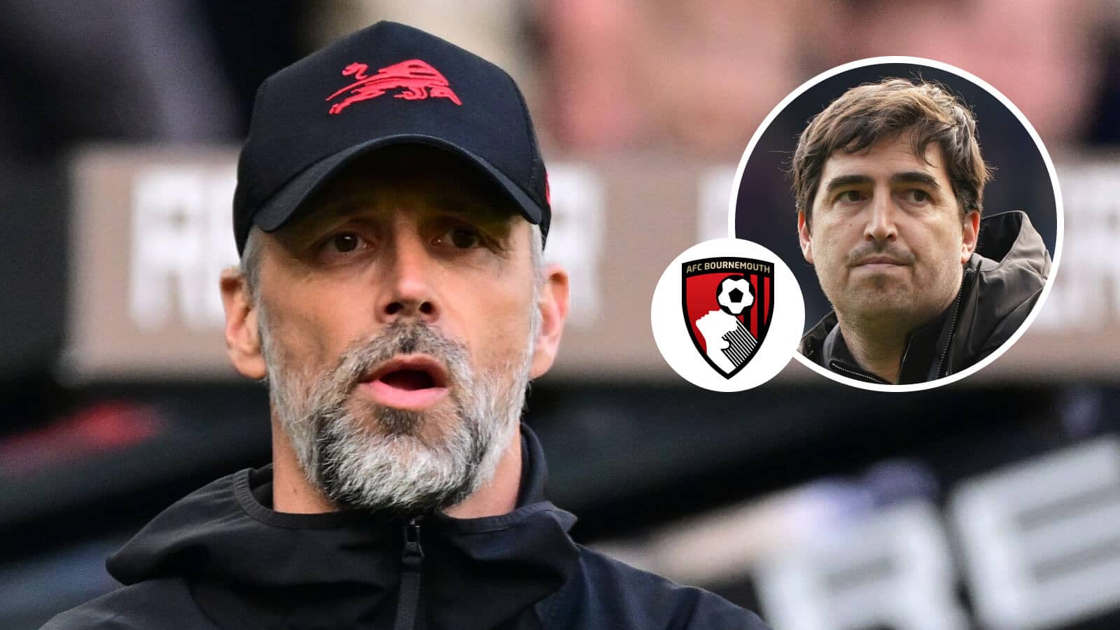 Marco Rose, Bournemouth badge and Andoni Iraola - copyright TEAMtalk