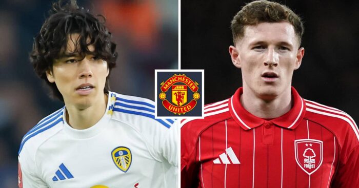 Leeds star Ao Tanaka, Nott'm Forest's Elliot Anderson, with a Man Utd badge