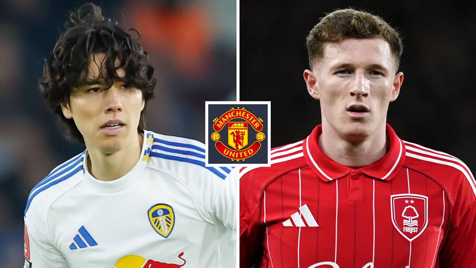 Leeds star Ao Tanaka, Nott'm Forest's Elliot Anderson, with a Man Utd badge