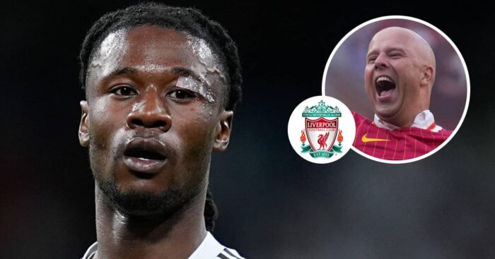 Real Madrid midfielder Eduardo Camavinga, Liverpool badge and Liverpool manager Arne Slot - copyright TEAMtalk