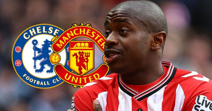 Noah Sadiki with Man Utd and Chelsea badges.