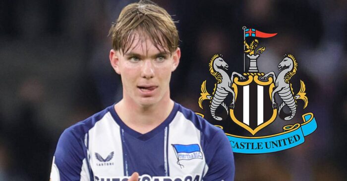 Hertha Berlin midfielder Kennet Eichhorn next to the Newcastle United badge - copyright TEAMtalk