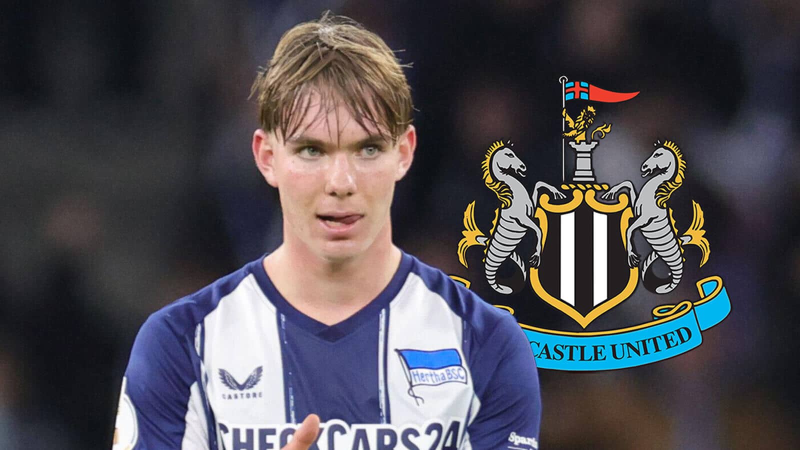 Hertha Berlin midfielder Kennet Eichhorn next to the Newcastle United badge - copyright TEAMtalk