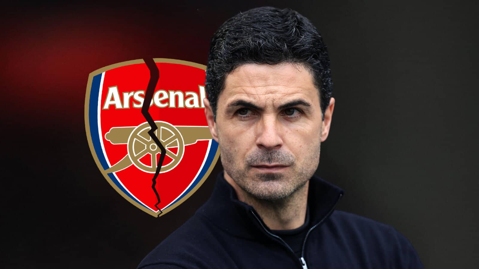 Arsenal manager Mikel Arteta next to a cracked Arsenal badge amid question marks over his future