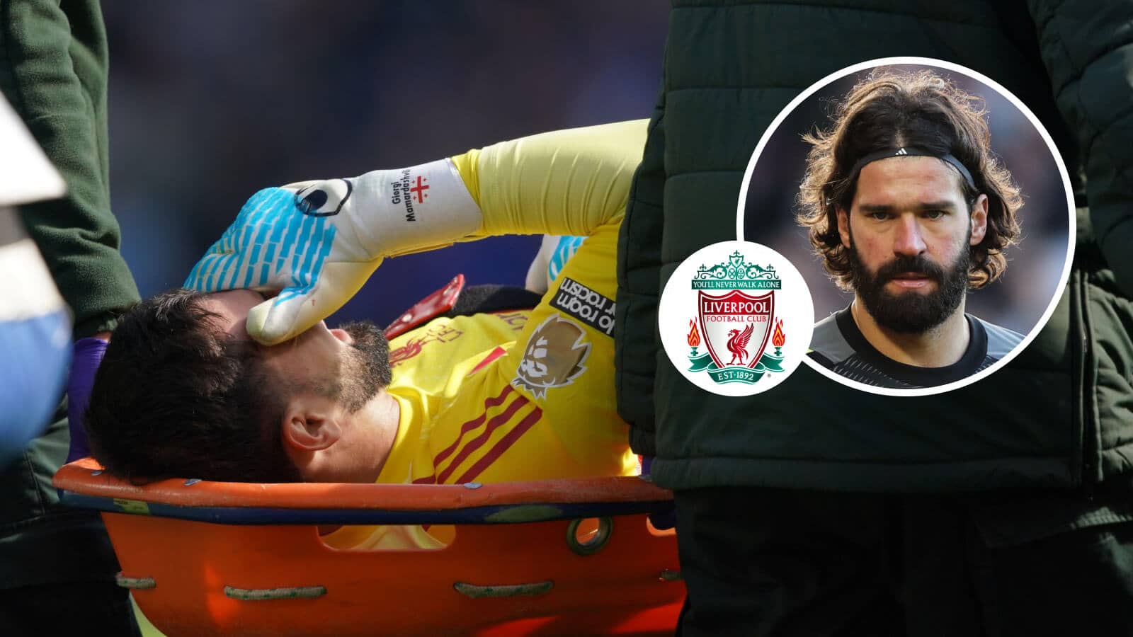 Liverpool goalkeeper Giorgi Mamardashvili was stretched off at Everton, and first-choice Reds goalkeeper Alisson Becker, inset, next to the Liverpool badge