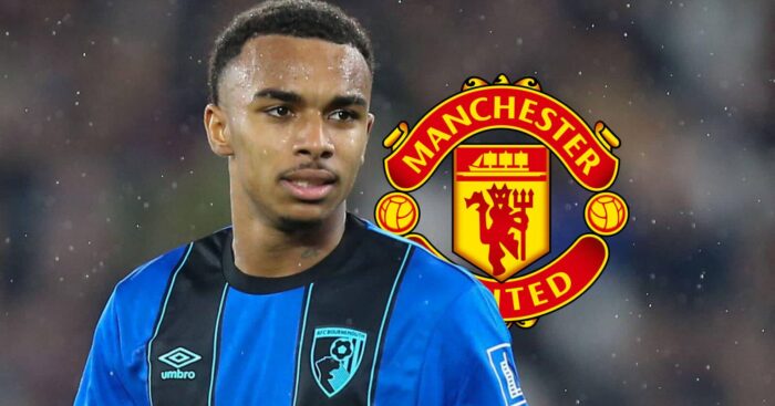 Bournemouth star Eli Junior Kroupi, with a Man Utd badge