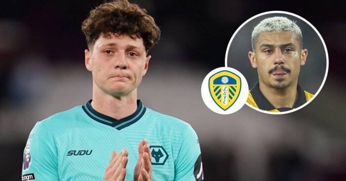 Wolves star Ladislav Krejci and, inset, his teammate Joao Gomes next to the Leeds United badge