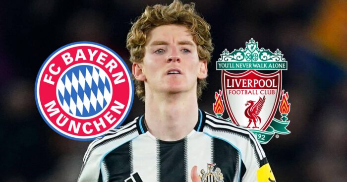 Newcastle winger Anthony Gordon, Bayern Munich and Liverpool badges