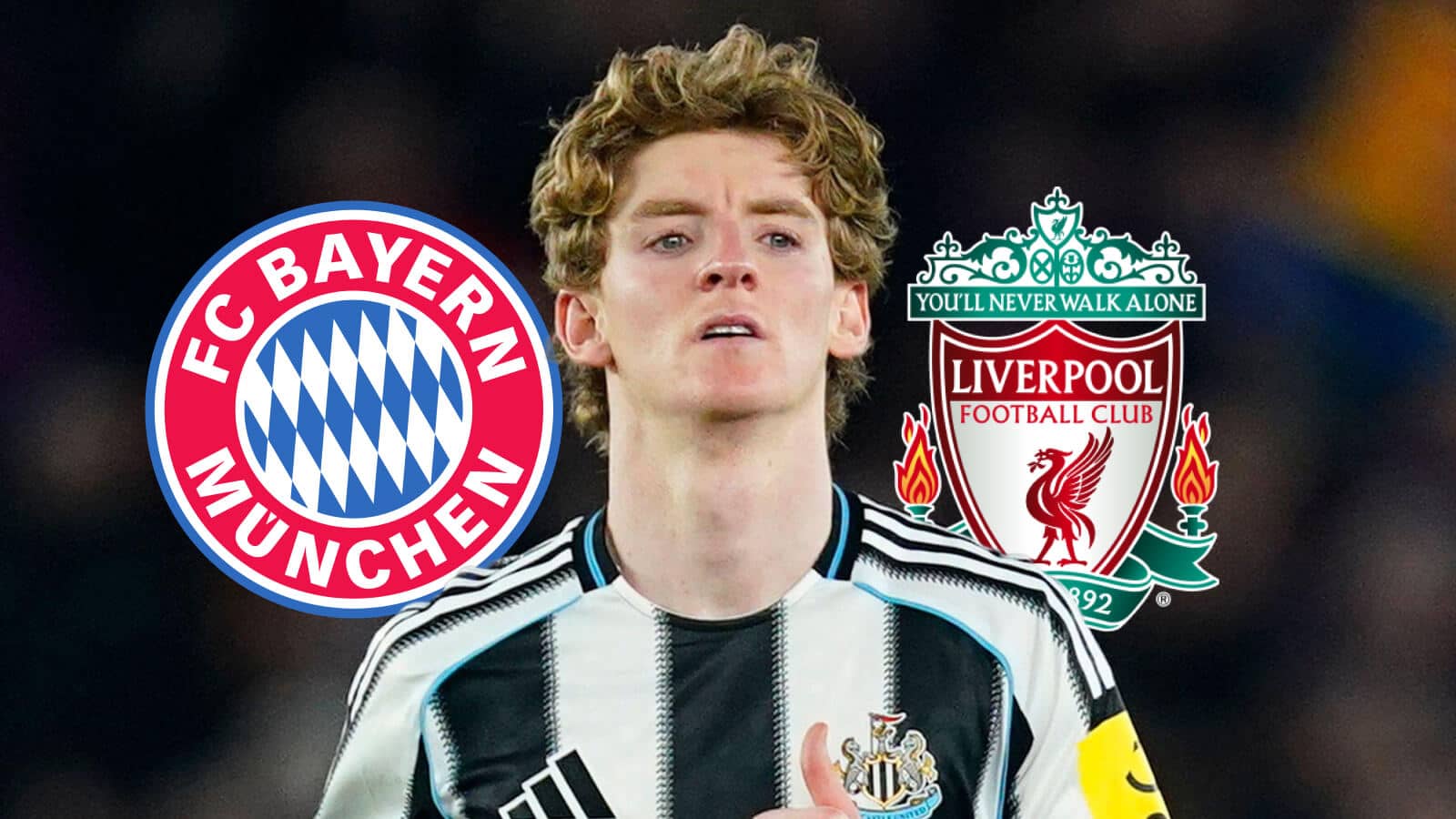 Newcastle winger Anthony Gordon, Bayern Munich and Liverpool badges